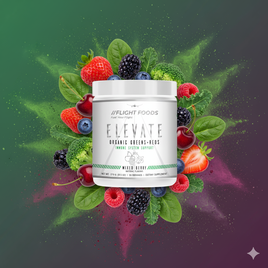 Elevate Organic Greens and Reds supplement jar by Flight Foods