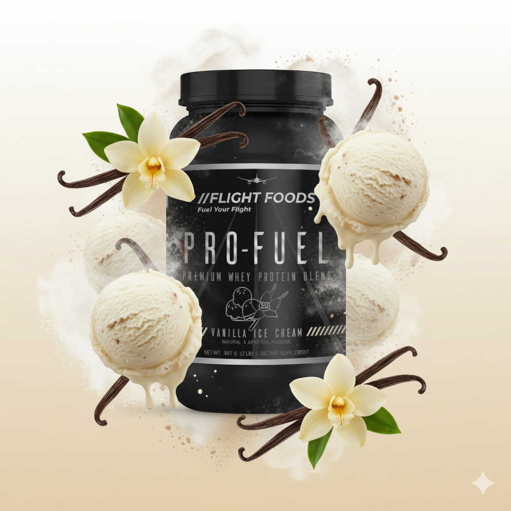 Pro-Fuel Premium Whey Protein Powder in Vanilla Ice Cream flavor, container prete bacsented on a whikground.