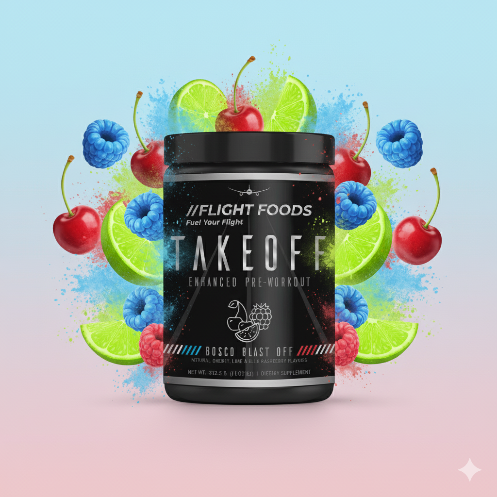 Takeoff Enhanced Pre-Workout supplement Bosco Blastoff jar by Flight Foods