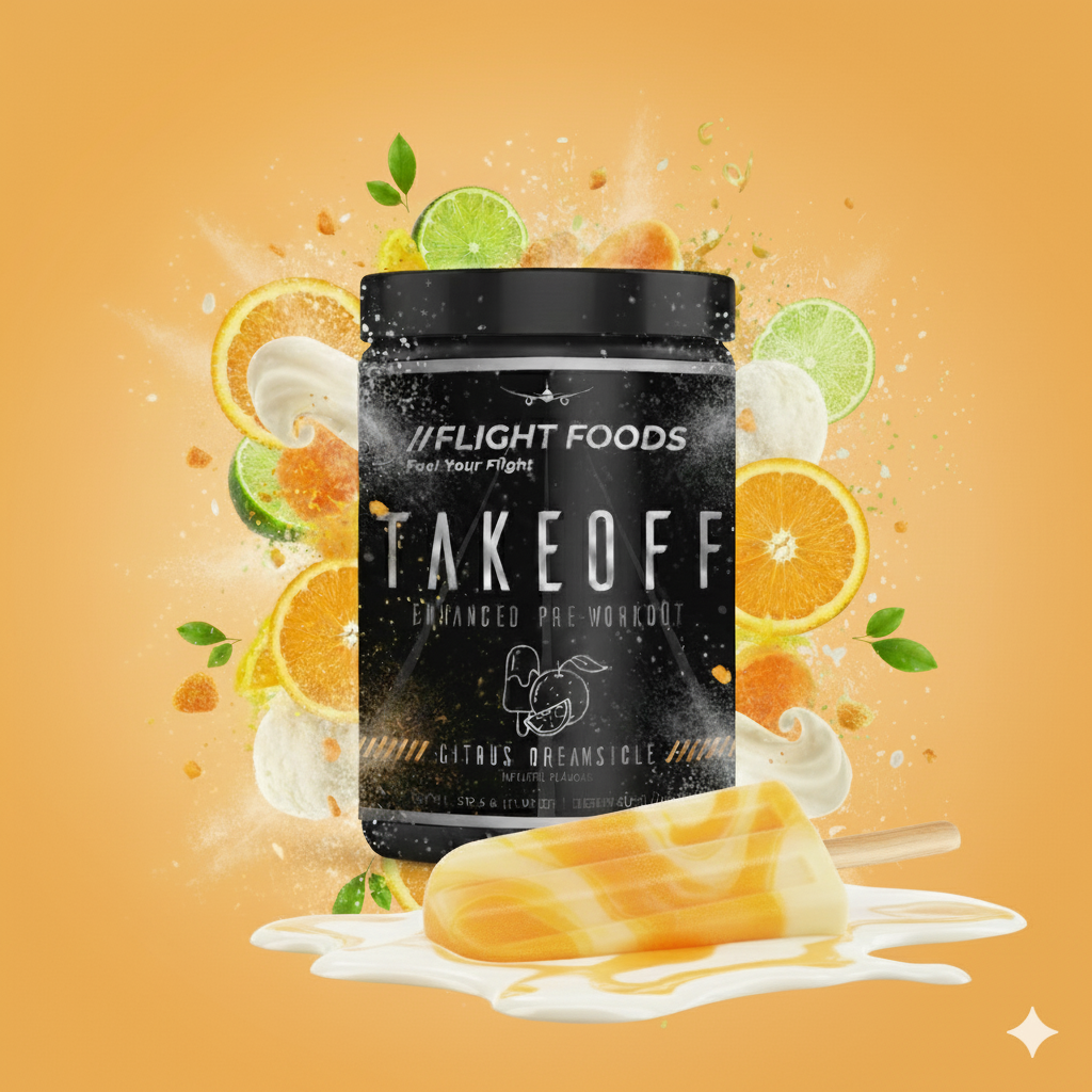 Takeoff Enhanced Pre-Workout supplement jar by Flight Foods