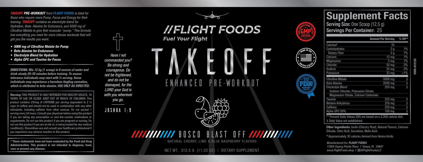 Takeoff Enhanced Pre-Workout Bosco Blastoff Description and Benefits.