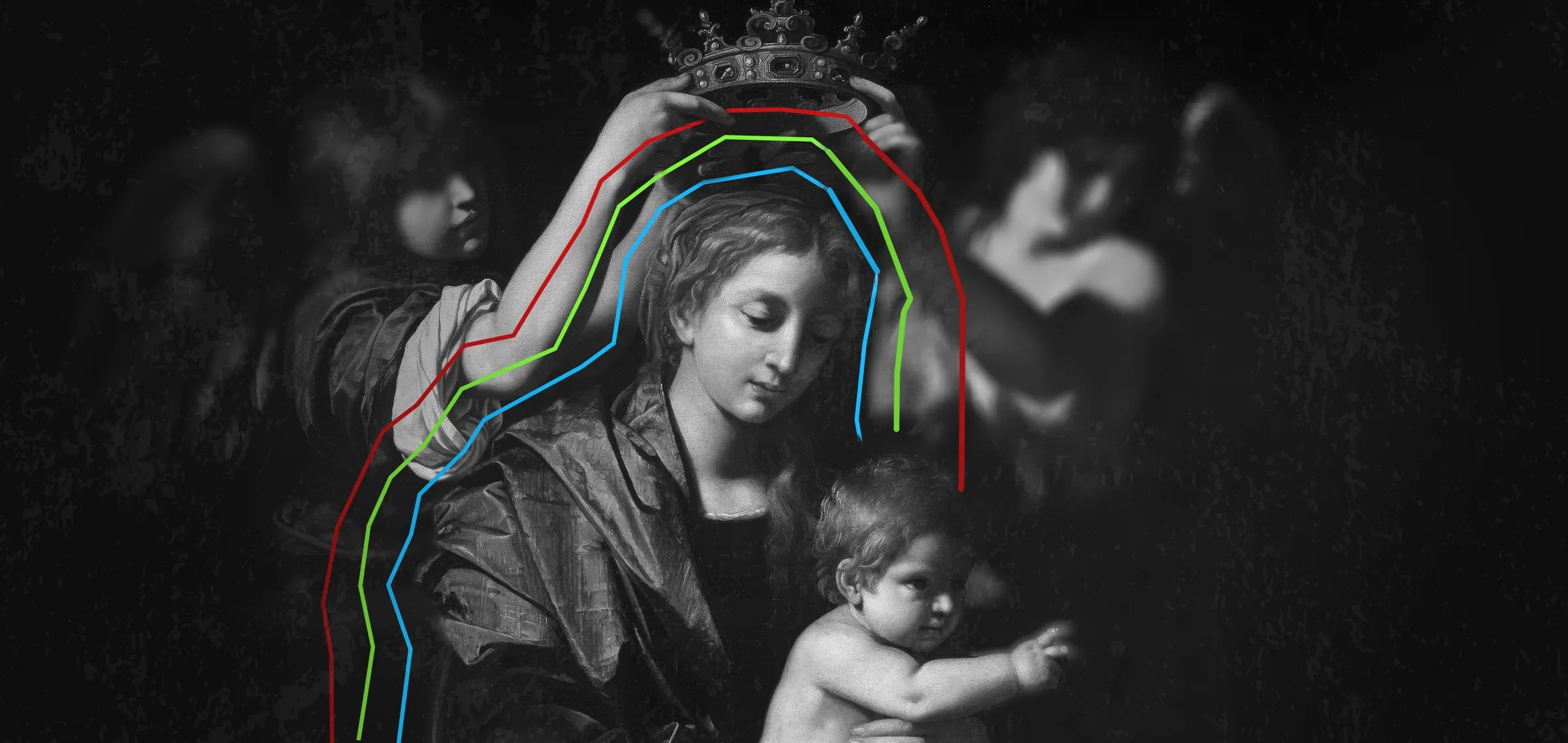 Blessed Berry label artwork: Our Lady crowned, holding the Christ Child, framed in blue, green and red linework label artwork