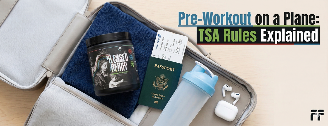 Flight Foods Blessed Berry pre-workout packed in a carry-on bag for travel - TSA approved supplement powder