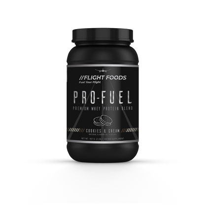 Pro-Fuel Premium Whey Protein Powder in Cookies and Cream flavor, container presented on a white background.