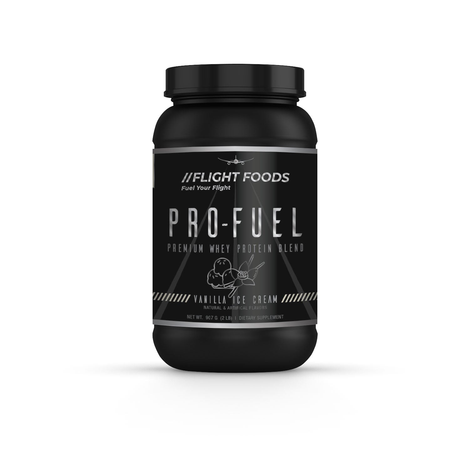 Pro-Fuel Premium Whey Protein Powder in Vanilla Ice Cream flavor, container shown on a white background.