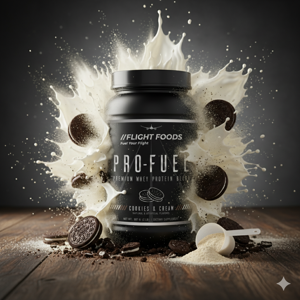 Pro-Fuel Premium Whey Protein Powder in Cookies and Cream flavor, container presented on a white background.