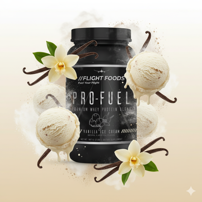 Pro-Fuel Premium Whey Protein Powder in Vanilla Ice Cream flavor, container prete bacsented on a whikground.