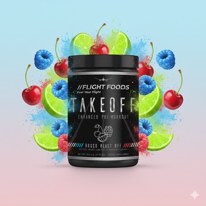 Takeoff Enhanced Pre-Workout supplement Bosco Blastoff jar by Flight Foods