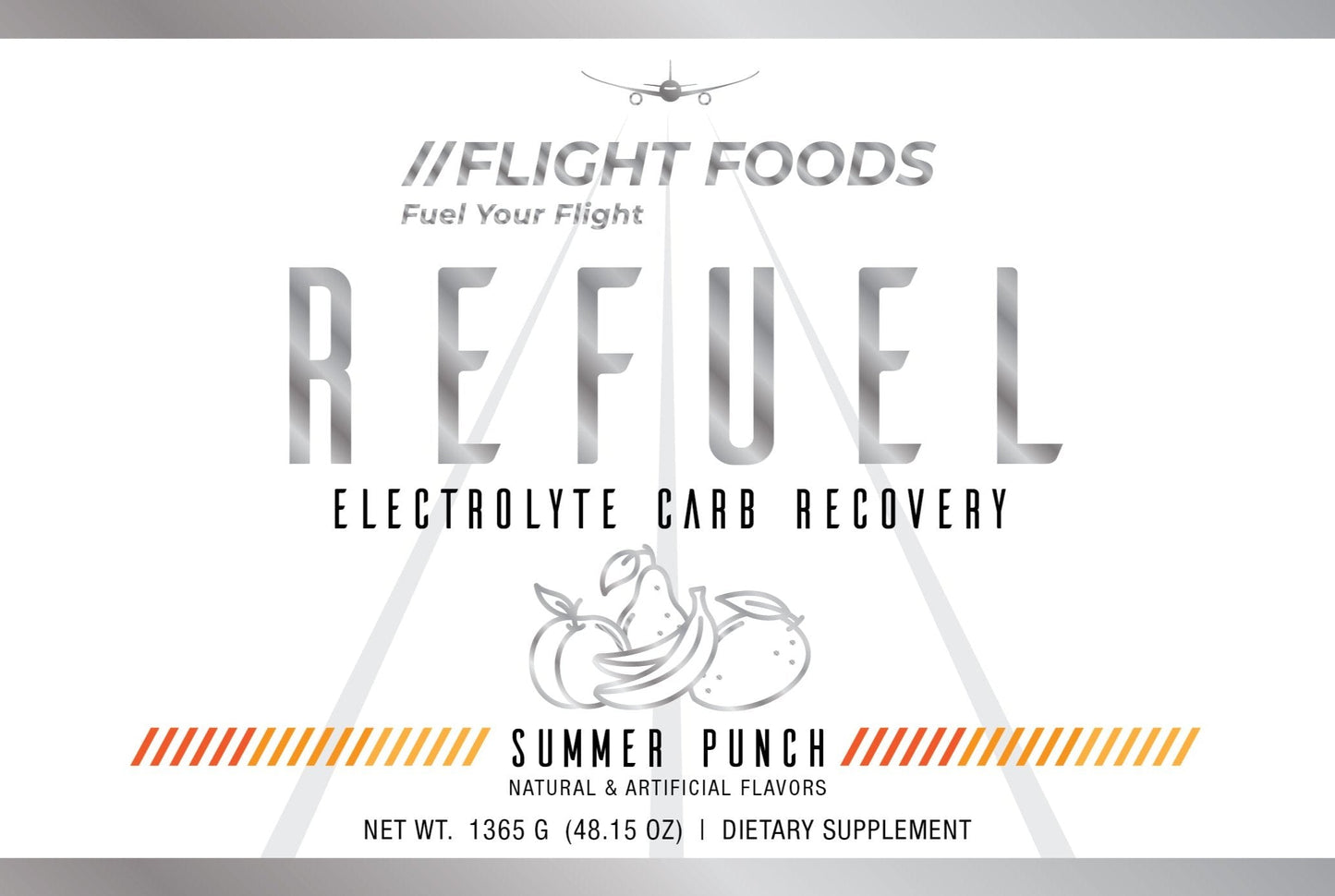 Close-up image of theRefuel Electrolyte Carb Recovery Blend label highlighting product details and branding.