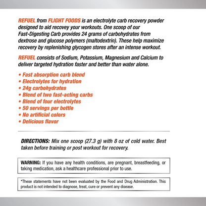 Refuel Electrolyte Carb Recovery Blend label showing usage directions and key benefits of the product.