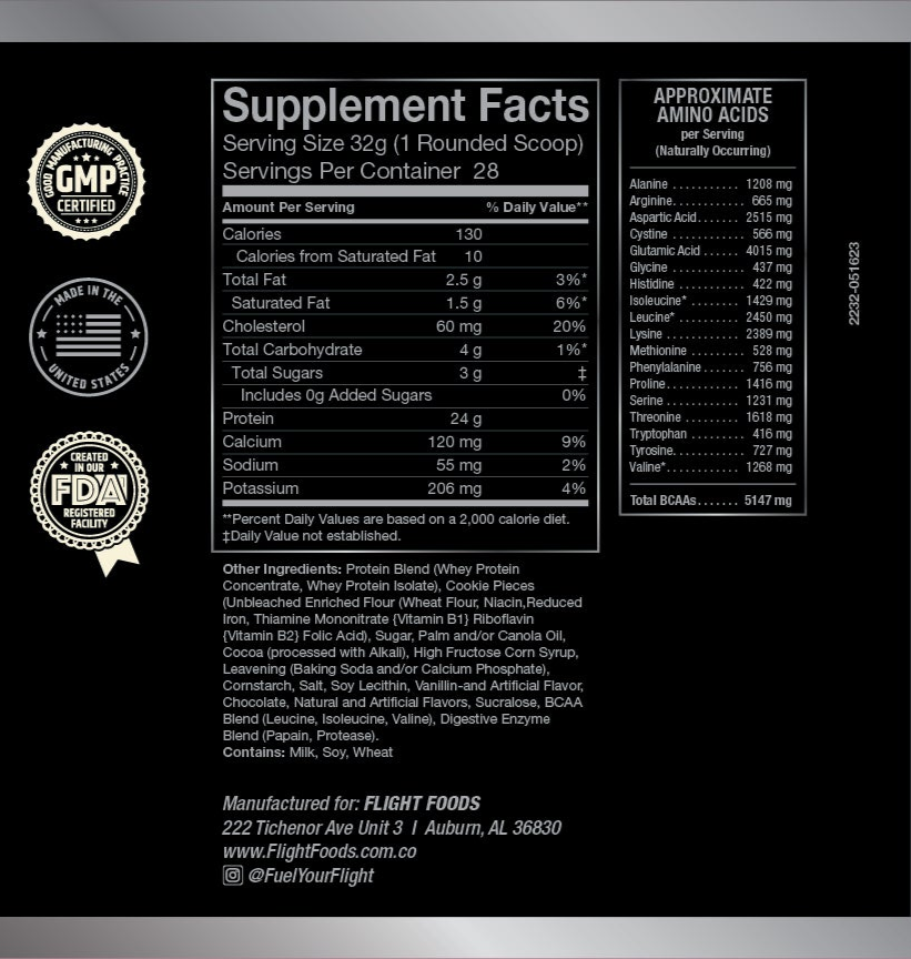 Image of the ingredients list on the Pro-Fuel Premium Whey Protein Powder container, detailing the nutritional information and components.