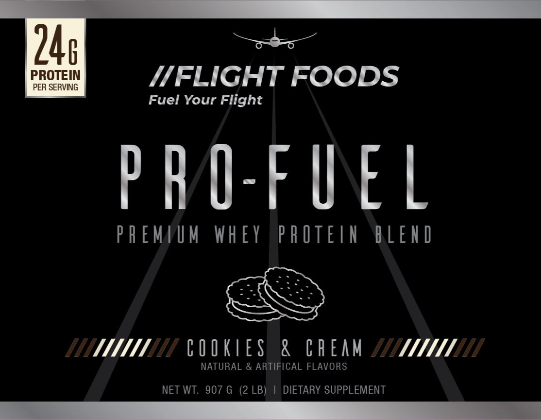 Front label of Pro-Fuel Premium Whey Protein Powder showing the product name, flavor, and branding.