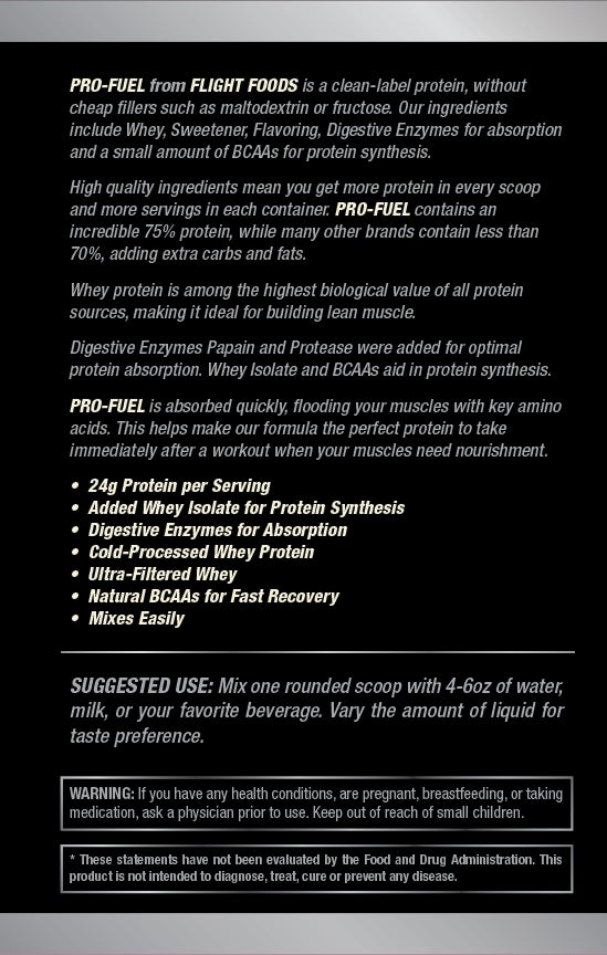 Close-up of Pro-Fuel Whey label highlighting product description and key benefits, such as 25 grams of protein per scoop, naturally occurring BCAAs, and digestive enzymes.