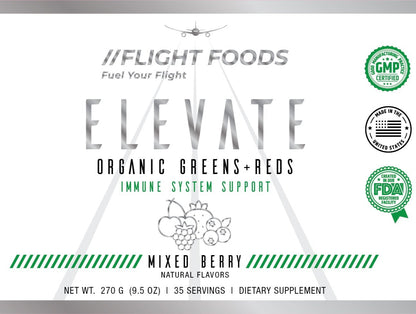 Front label of Elevate Organic Greens and Reds displaying certifications: GMP certified, Made in the USA, FDA registered facility.