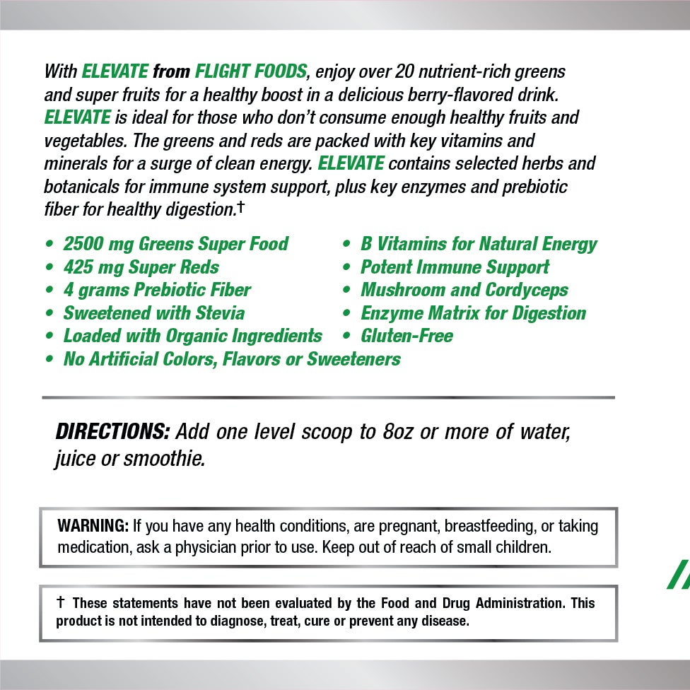 Label of Elevate Organic Greens and Reds detailing benefits like nutrient-rich organic greens and antioxidant-packed reds for overall health support.