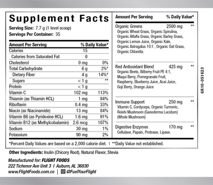 Close-up of the ingredients list on the Elevate Organic Greens and Reds label, showing a blend of organic greens, reds, fruits, and vegetable extracts.