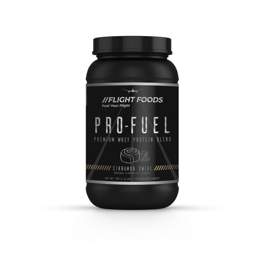 Pro-Fuel Premium Whey Protein Powder in Cinnamon Swirl flavor, container displayed on a white background.