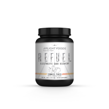 Refuel Electrolyte Carb Recovery Blend Summer Punch flavor container shown on a white background.