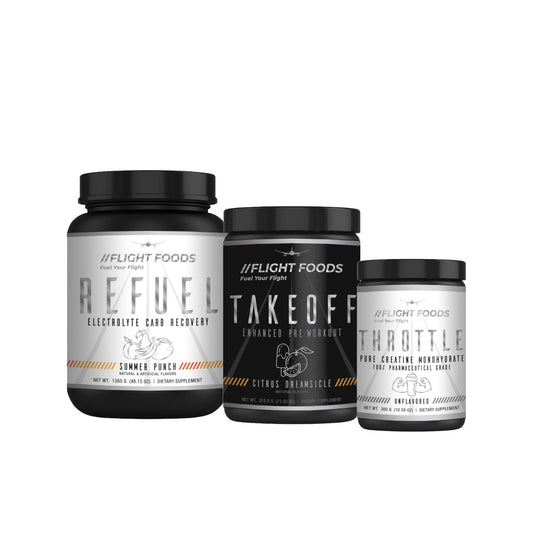 Energy and Hydration Bundle featuring Refuel Electrolyte Carb Blend, Takeoff Pre-Workout, and Throttle Creatine supplements displayed together.