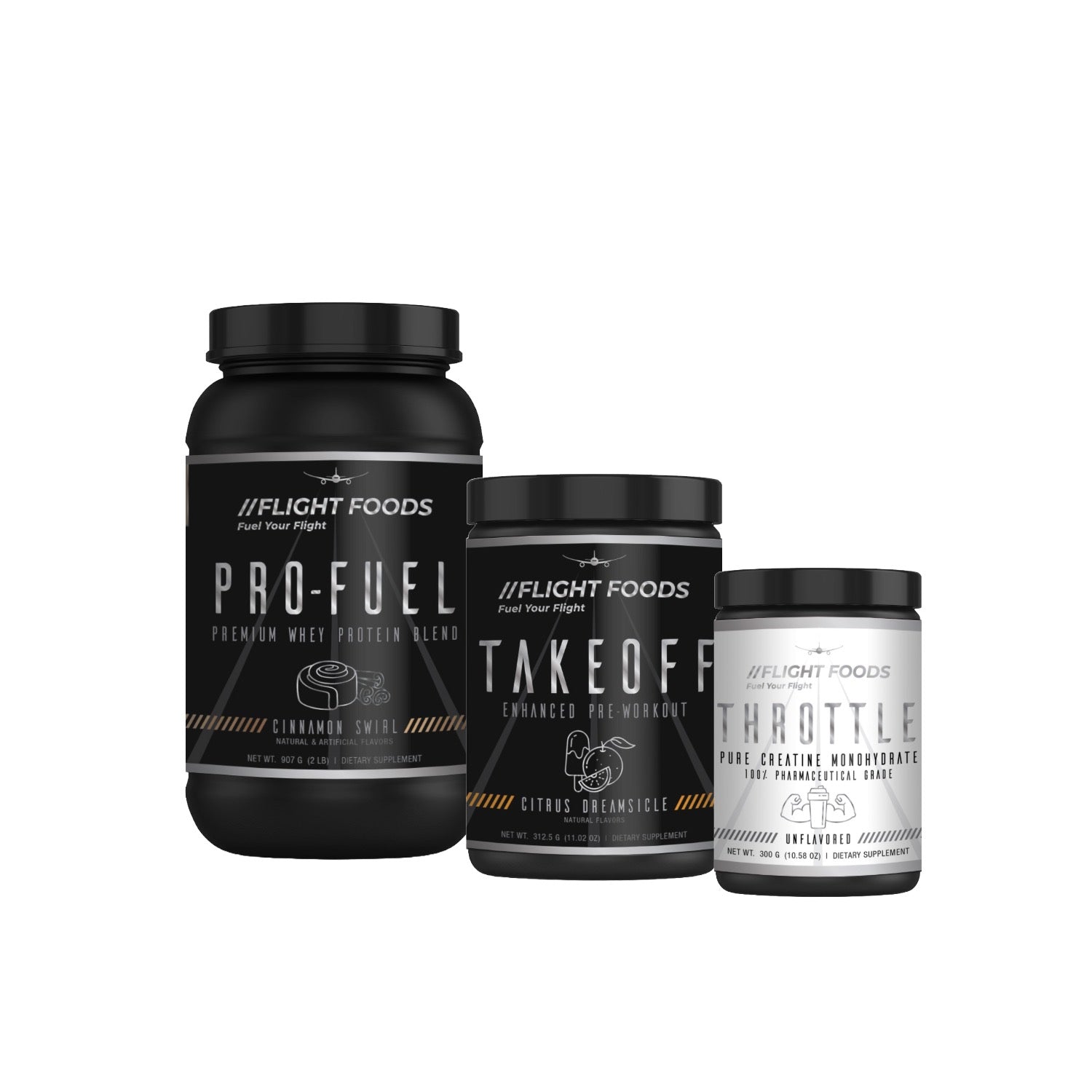 Gym Bro Bundle featuring all three products—Takeoff Pre-Workout, Throttle Creatine, and Pro Fuel Whey Protein powder—arranged together.