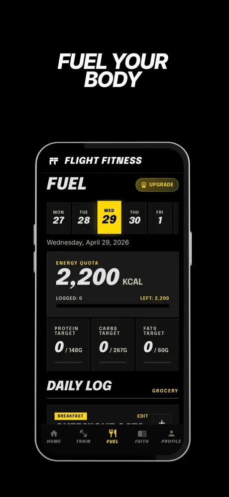 Flight Fitness app screen: Fuel: macro and calorie tracking