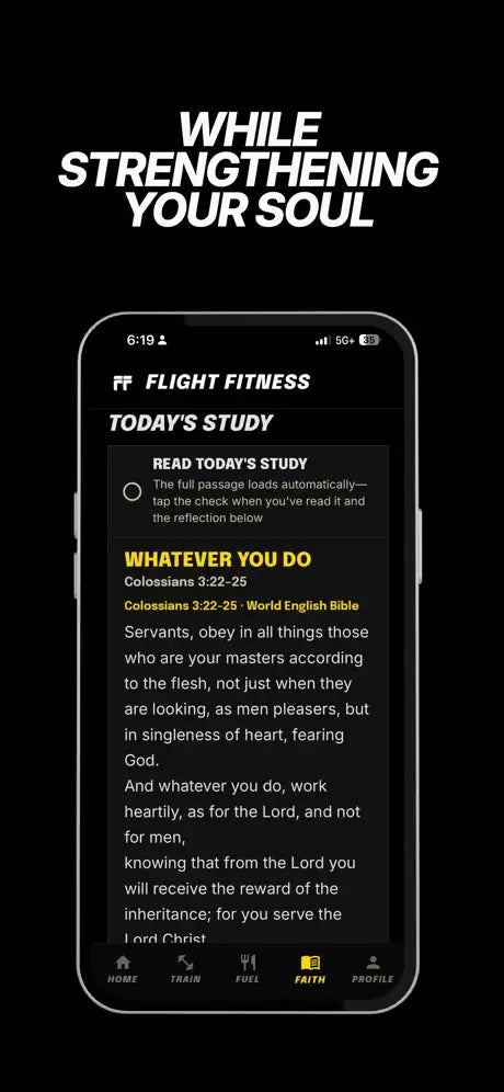 Flight Fitness app screen: Soul: daily habits and prayer