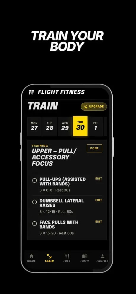 Flight Fitness app screen: Train