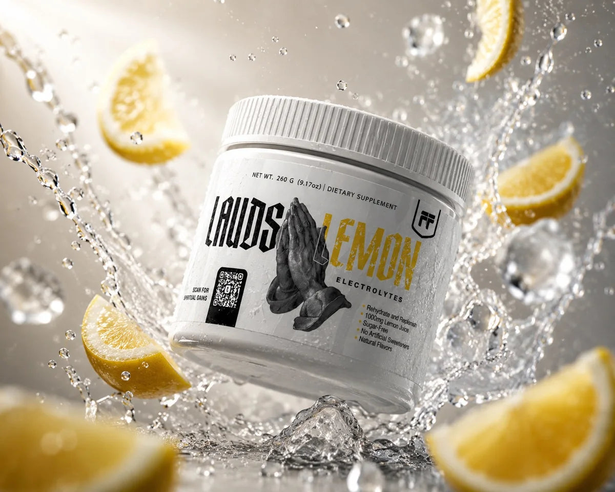 Lauds Lemon Electrolytes tub surrounded by splashing water and fresh lemons