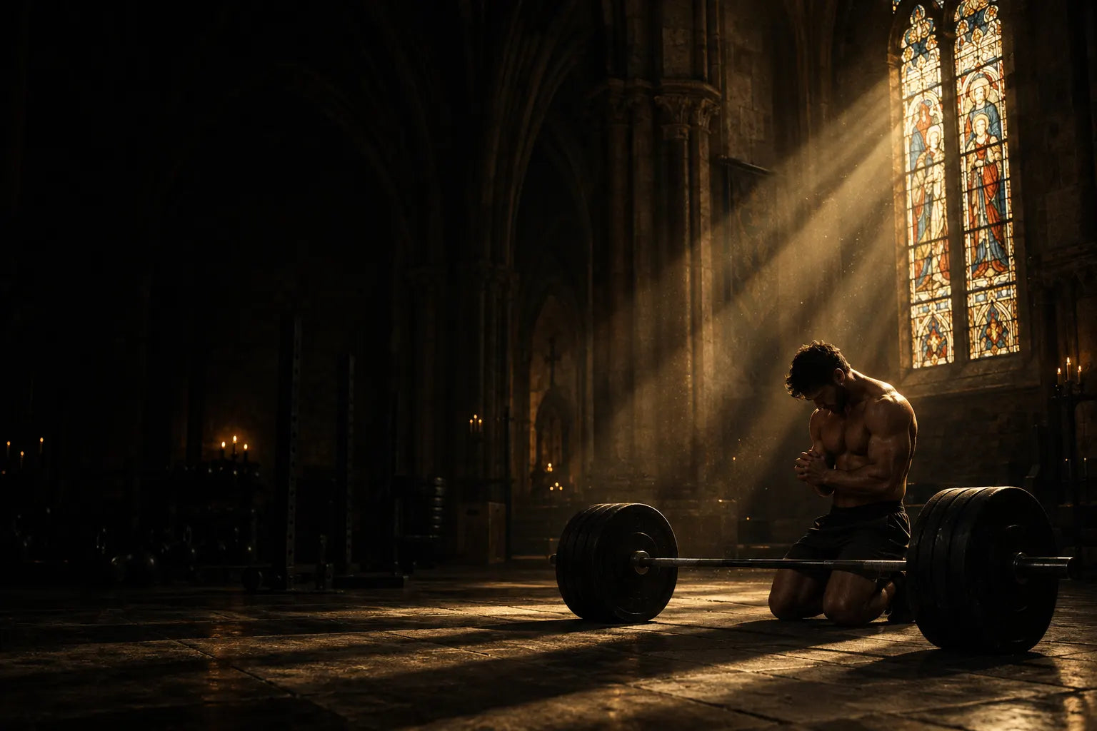 An athlete kneels in prayer beside a loaded barbell as light falls through a cathedral window