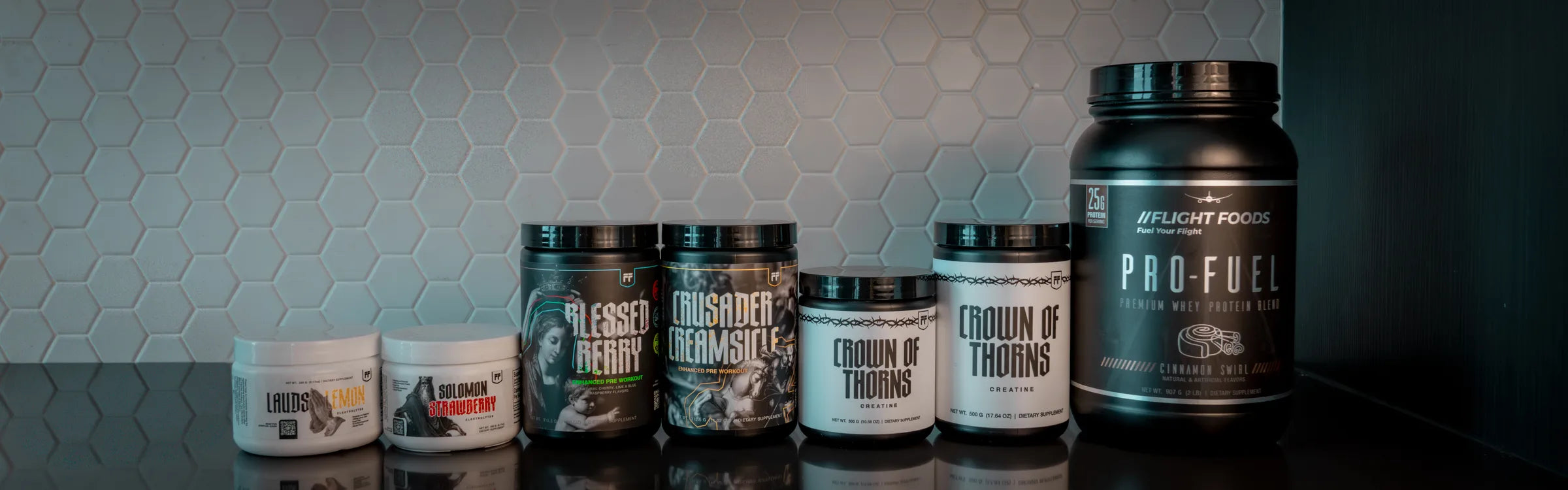 The full Flight Foods lineup: Lauds Lemon, Solomon Strawberry, Blessed Berry, Crusader Creamsicle, Crown of Thorns in two sizes and Pro-Fuel Cinnamon Swirl