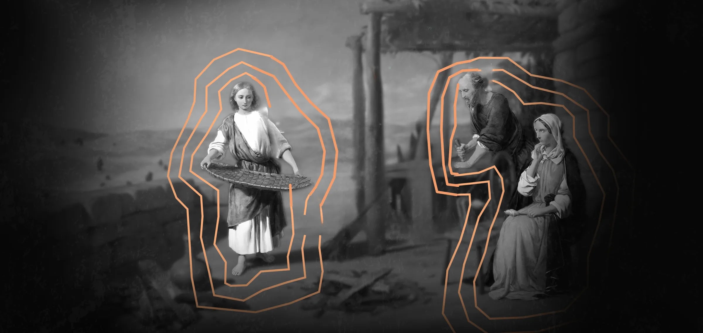 Nazareth Nectar label artwork: the young Jesus with a sieve beside Joseph and Mary at work, ringed in peach contour lines label artwork